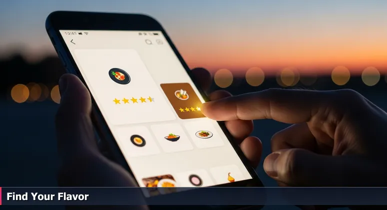 Close-up of a person's hand holding a smartphone at dusk, screen glowing with restaurant reviews and stars, thumb hovering indecisively to symbolize career choice in New Orleans tech.