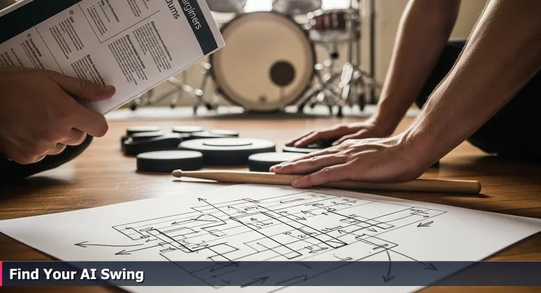 Close-up of hands holding a drum instruction book in a sunlit New Orleans practice room, with a second line rhythm chart and a drumstick on the floor, symbolizing the journey from theory to practice in AI engineering.