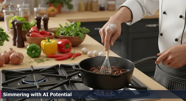 A chef's hand stirring a dark roux in a cast-iron pot with local ingredients like seafood and herbs, symbolizing the patient development of foundational AI startups in New Orleans.