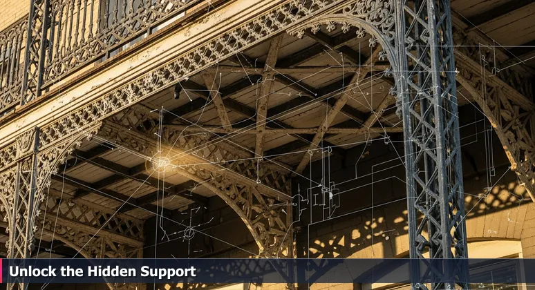 Close-up of the hidden support beams under a wrought-iron balcony in New Orleans' French Quarter, symbolizing financial aid for tech careers.
