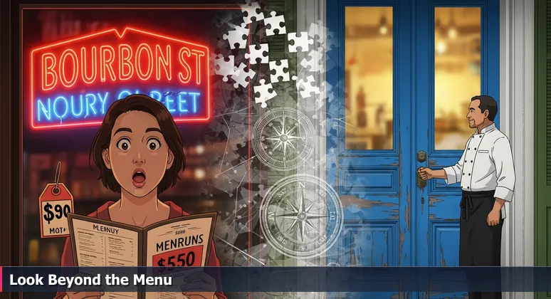 A tourist on Bourbon Street squints at an overpriced menu under neon lights, while in the background, a local chef unlocks a door to a hidden restaurant in the Marigny, symbolizing the deeper value in New Orleans AI careers.