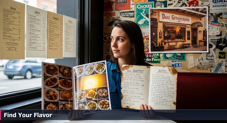 A diner in a New Orleans cafe pondering a glossy 'Top 10' food guide versus a handwritten local recommendation note, symbolizing AI career choices.