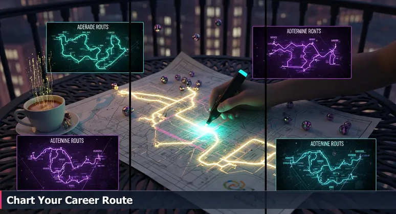 A worn Mardi Gras parade map on a balcony table in New Orleans, with a café au lait and a hand holding a highlighter planning tech career routes.