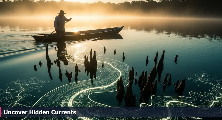 A silhouetted fisherman in a pirogue on a Louisiana bayou at dawn, focusing on hidden underwater currents, symbolizing the search for cybersecurity opportunities in New Orleans.