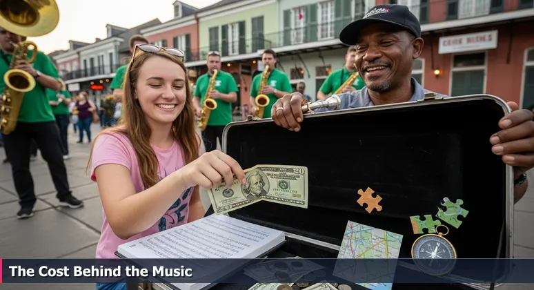 Image of a tourist in New Orleans' French Quarter putting money into a brass band's tuba case, with the musician looking thoughtful, symbolizing the balance between cultural allure and economic reality for tech professionals.
