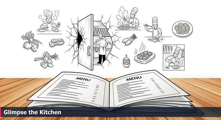 A sleek restaurant menu on a table with a bustling kitchen door ajar in the background, symbolizing free tech training resources in New Orleans libraries and community centers.