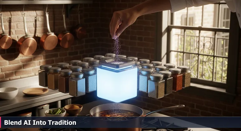 A chef's hand adding a high-tech spice to a traditional New Orleans roux in a vintage kitchen with copper pots and a courtyard view.