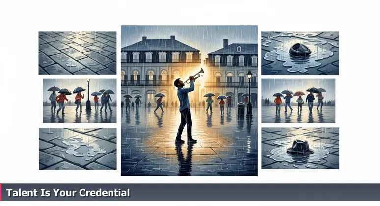 A defiant trumpet player performing in the rain on Jackson Square cobblestones in New Orleans, symbolizing skill over formal education in the 2026 tech job market.