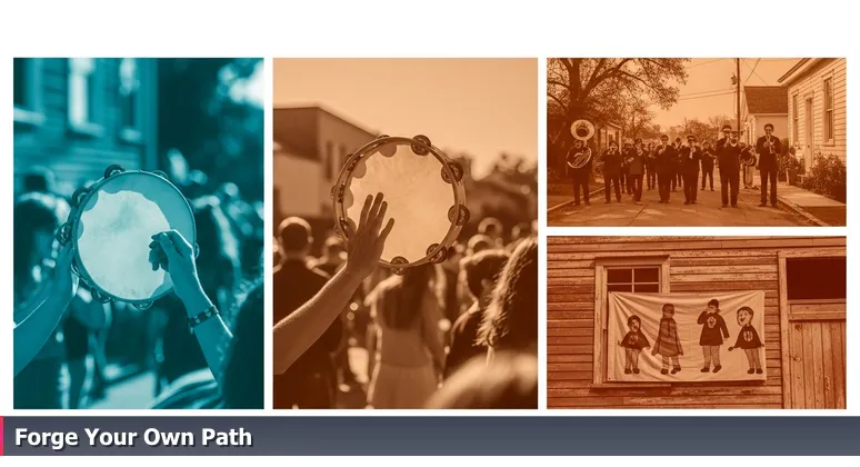 A spontaneous second line parade in New Orleans with people playing tambourines and holding banners, symbolizing community-driven women in tech groups.