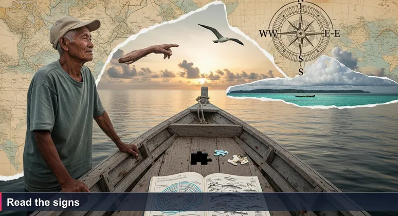 An elderly Palauan fisherman stands at the prow of a wooden boat at dawn, pointing toward a bird circling in the distance, with clouds stacked over a reef on the horizon.
