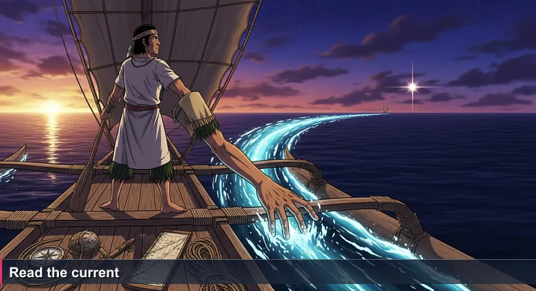 Palauan navigator on traditional canoe at dusk, hand trailing in water, looking at a star on the horizon