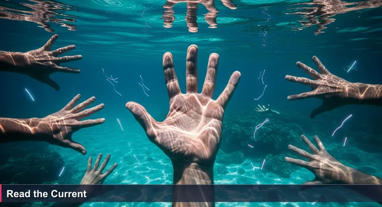 A weathered Palauan hand dipping into turquoise water above a coral reef, symbolizing the fusion of traditional knowledge and AI.