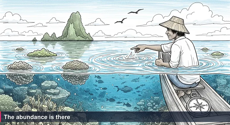 Palauan fisherman in a canoe at dawn near the Rock Islands, hand hovering above water, reading surface signs like current and bird angles to locate fish below.