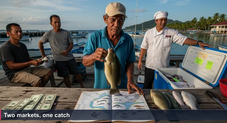 A Palauan fisherman at Koror fish market holds a napoleon wrasse, weighing offers from a neighbor and a resort chef, illustrating choice between local and premium markets.