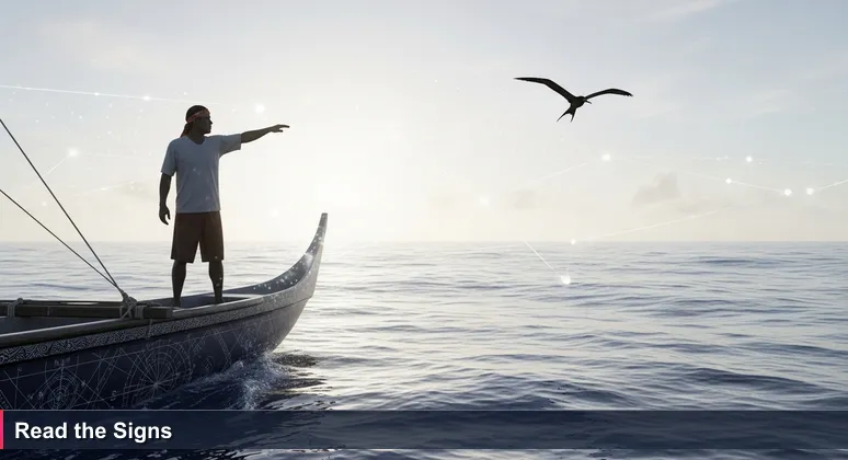 A Palauan navigator standing at the prow of a traditional canoe at dawn, pointing at a frigatebird in the distance, with no land visible on the horizon.