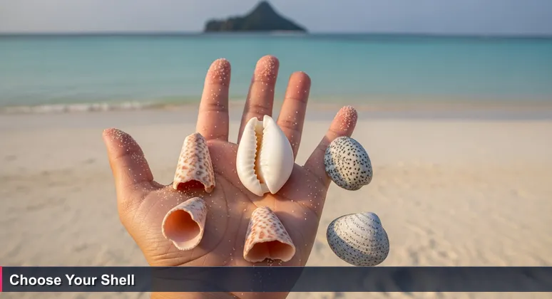 A child's hand on a sandy beach holds three seashells: a perfect white cowrie, a broken cone shell, and a speckled clam piece, with turquoise water and a rock island in the background.