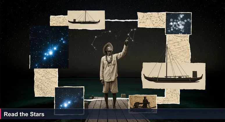 Palauan navigator on dock at midnight pointing at stars, bioluminescent glow in water, calm ocean.