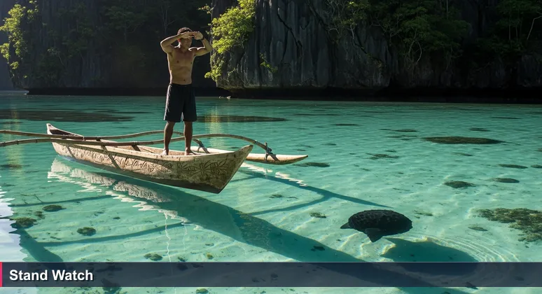 A Palauan fisherman stands alert in a wooden canoe, scanning the water for a dark shape beneath the surface, symbolizing the vigilance needed in cybersecurity.