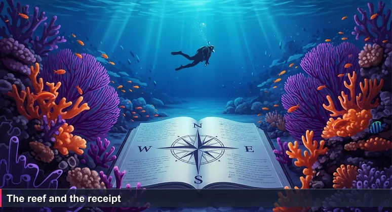 A diver floats above a vibrant coral reef in Palau's Rock Islands, with sunlight streaming through crystal water. The scene looks idyllic but hides economic realities.