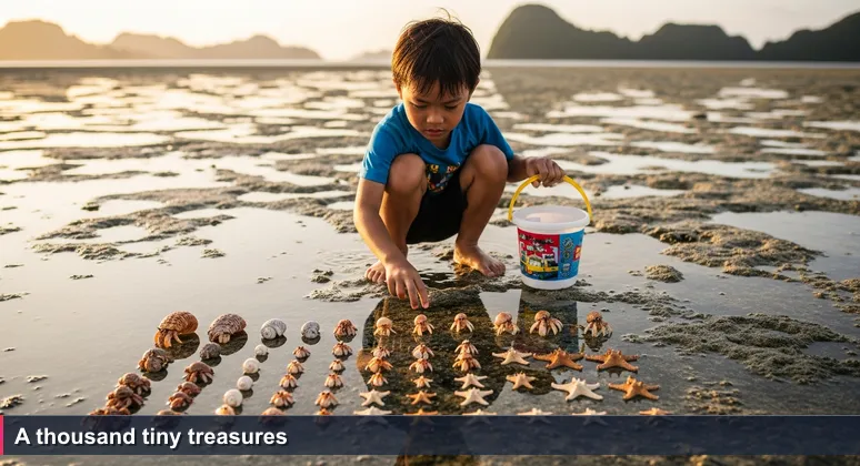 Child crouching on a Palau reef flat at low tide, hand hovering over hermit crabs and starfish, symbolizing the abundance of free tech training options.
