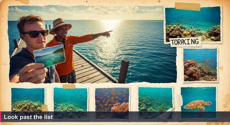 A tourist on a dock holds a laminated 'Top 10 Snorkel Spots' card while a Palauan guide points to a reef spot not on the map.