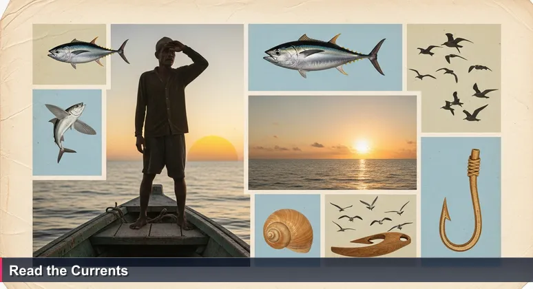 A Palauan fisherman at dawn, standing in a wooden boat, one hand shielding his eyes as he scans the horizon for signs of fish, symbolizing the search for the best tech coworking spaces in Palau.
