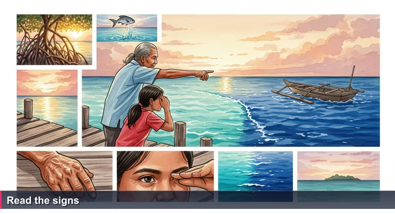 An elder and a young person stand on a weathered dock in Koror at dawn; the elder points toward a subtle change in water color, teaching the apprentice to read the ocean currents.