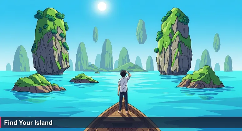 Person on a small boat in turquoise water, hand shading eyes, looking at numerous green Rock Islands under midday sun