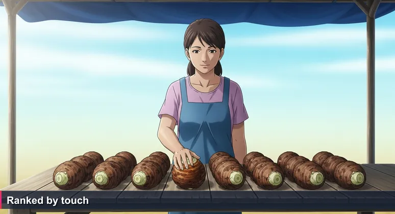 A Palauan woman at an outdoor market, morning light filtering through a blue tarp, her hand hovering over a pile of taro roots as she presses each one to feel its weight and density.