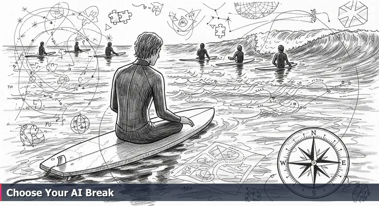 A surfer on a board at dawn off Tamarack Beach in Carlsbad, analyzing water patterns and local swells, symbolizing strategic career planning.