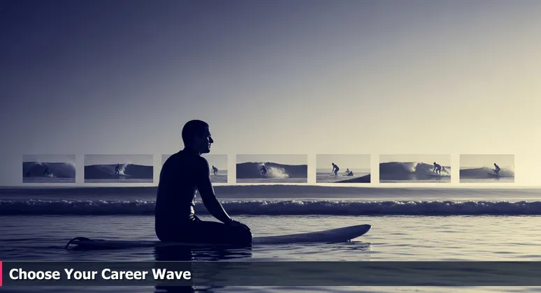 A surfer at dawn on Carlsbad's Tamarack Beach, scanning the horizon for waves, symbolizing strategic career choices in the local tech industry.