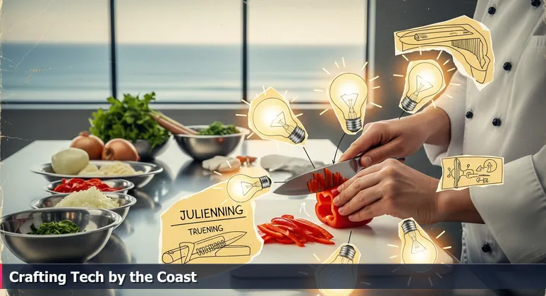 A chef's hands skillfully cutting a bell pepper in a quiet kitchen at dawn, with ocean visible, symbolizing Carlsbad's focused and serene tech innovation environment.