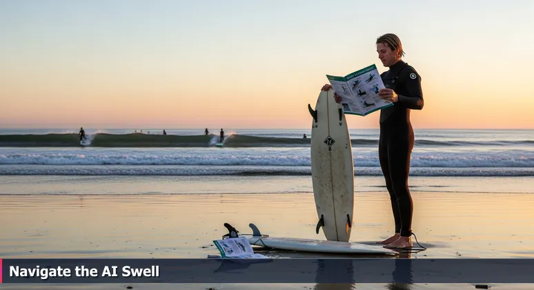 Aspiring AI engineer on Carlsbad beach with a guidebook, symbolizing the journey from learning to applying skills in the local tech market.