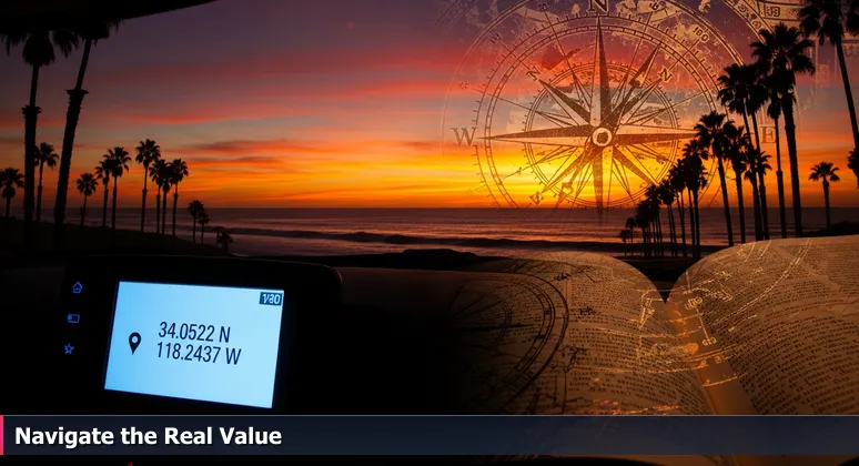 Car GPS screen displaying Carlsbad destination with ocean sunset and palm trees in background, symbolizing AI career insights beyond salary numbers.