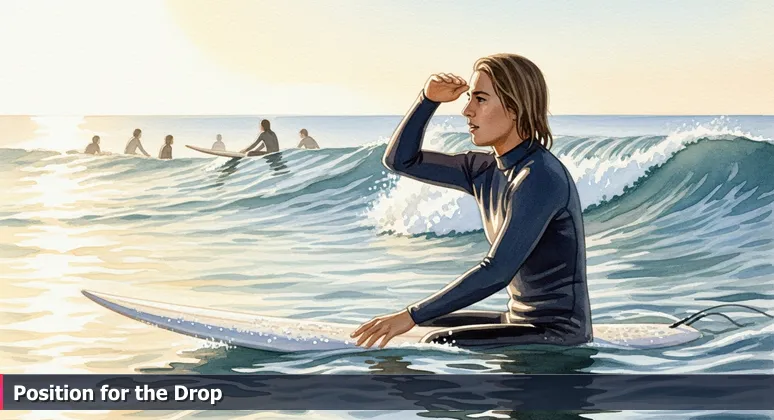 A surfer at sunrise in Carlsbad, sitting on a surfboard beyond the break, gazing intently at the horizon with one hand in the water.
