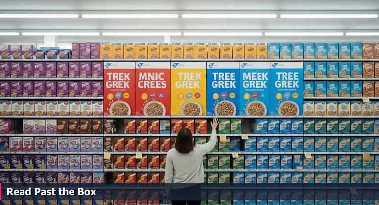 A person looking overwhelmed in a Carlsbad supermarket aisle, surrounded by cereal boxes, symbolizing the challenge of choosing an AI bootcamp in 2026.