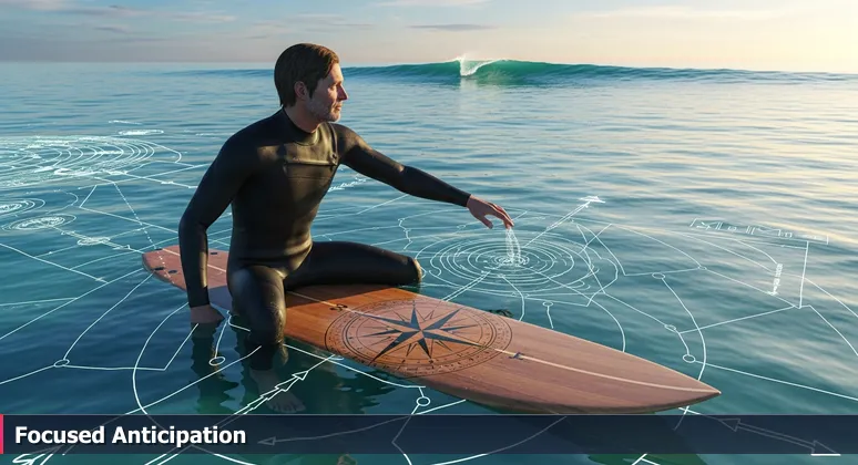 A surfer on a board at Carlsbad's Tamarack Beach gazing at the horizon, representing strategic career planning for cybersecurity roles in 2026.