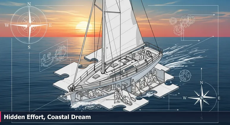 A sailboat glides on the Pacific Ocean at sunset near Carlsbad coast, with hidden crew below deck maintaining balance, symbolizing financial effort for coastal living.