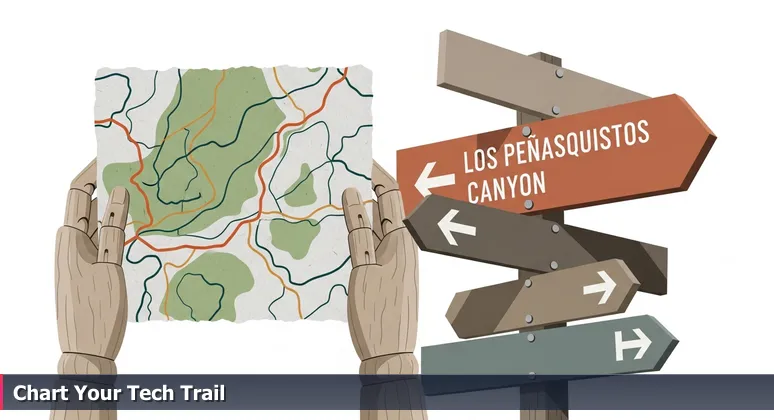A weathered trailhead sign with carved arrows and a hand-drawn map, symbolizing free tech training paths in Carlsbad, CA.