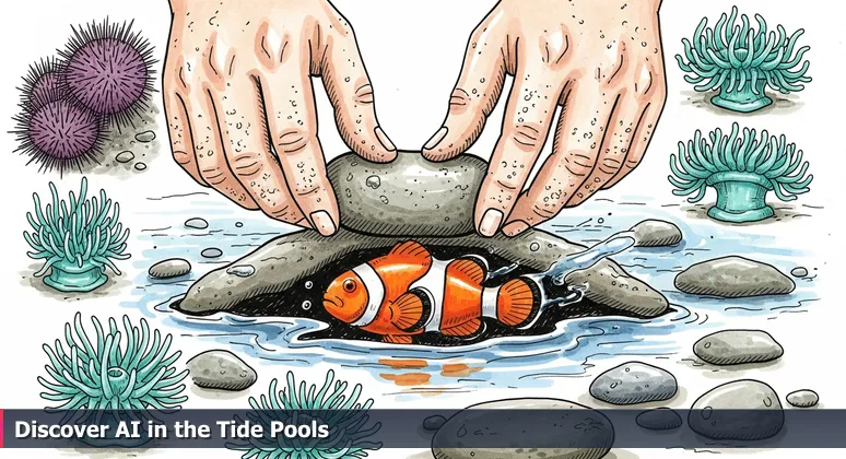 Hands revealing vibrant marine life under a stone in a Carlsbad tide pool, symbolizing hidden AI job opportunities in niche industries.
