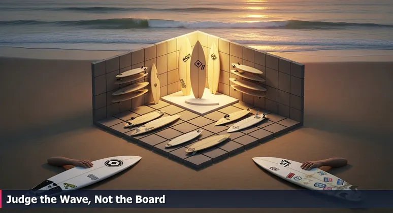 Close-up of a surfer's hands holding two surfboards on Tamarack Beach in Carlsbad: one pristine with brand decals, the other worn with peeling stickers, symbolizing judging skills over credentials.