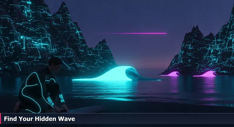 A lone surfer waxing a surfboard at dawn in Carlsbad, looking towards a secluded wave, representing the search for unique junior developer opportunities in tech startups.