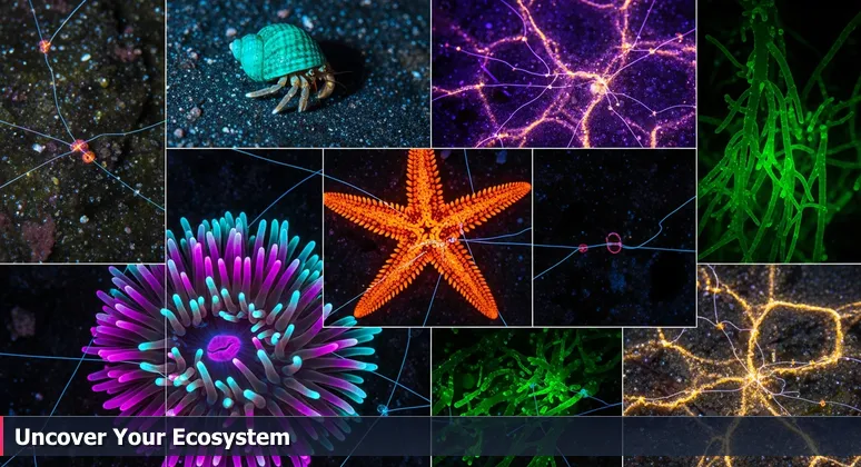 A close-up of a sunlit tide pool on Carlsbad's Tamarack Beach, showcasing a vibrant micro-ecosystem with sea anemones, hermit crabs, and starfish, symbolizing interconnected communities in tech.