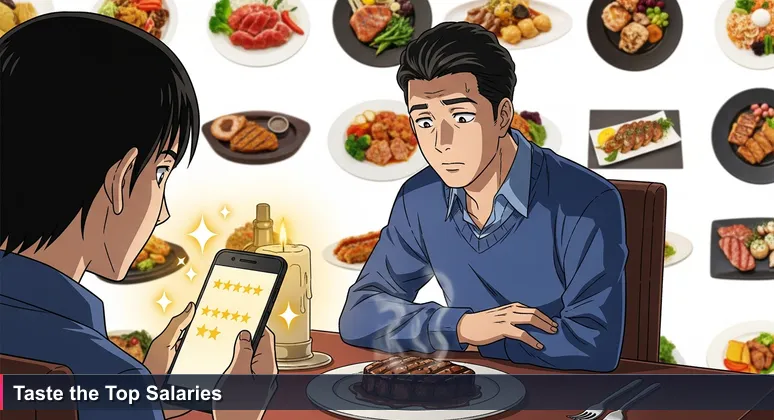 A diner in a Seattle cafe contemplating tech job offers on a smartphone, with an untouched gourmet meal symbolizing the complex decision of choosing high-paying compensation packages.