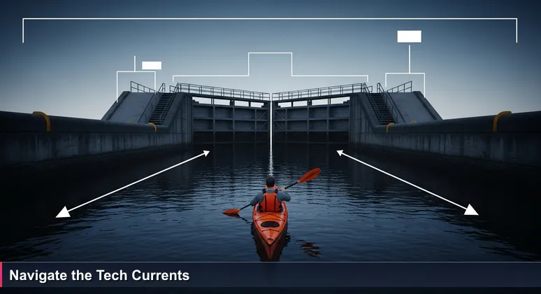 A kayaker in an orange boat paddling toward the Ballard Locks in Seattle, symbolizing the journey into the city's tech career landscape for AI and machine learning specialists.
