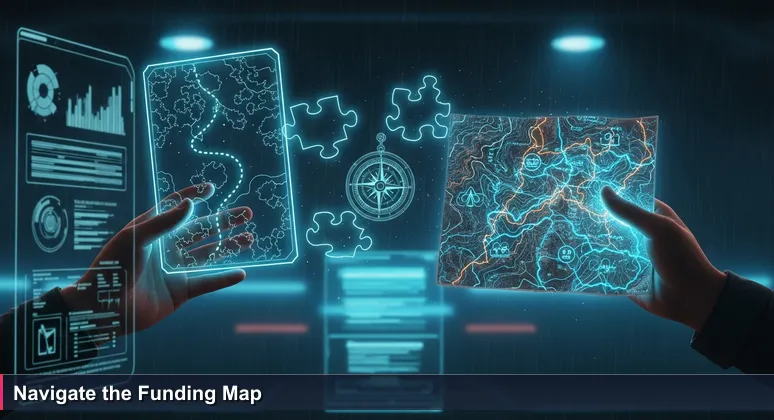 Two hands holding contrasting maps: a simple tourist map with one trail and a detailed topographic map with multiple paths, symbolizing the journey to fund tech training in Seattle.