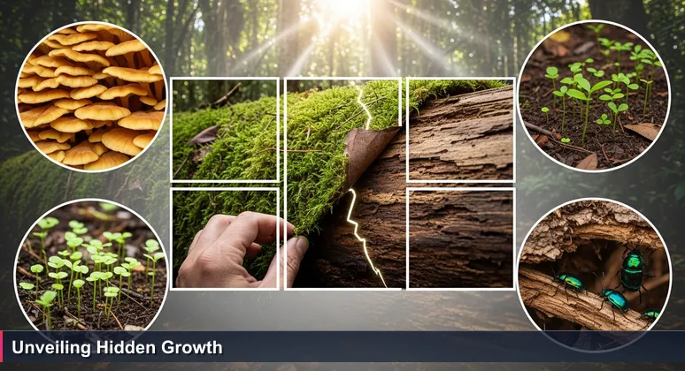 A close-up of moss on a nurse log in the Hoh Rainforest, revealing a hidden ecosystem of fungi and saplings, symbolizing Seattle's AI startup scene.