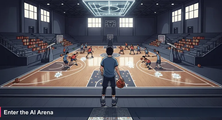 A person on the sidelines of a bustling sports court, holding a ball and watching a game, symbolizing the leap into Seattle's AI community events.