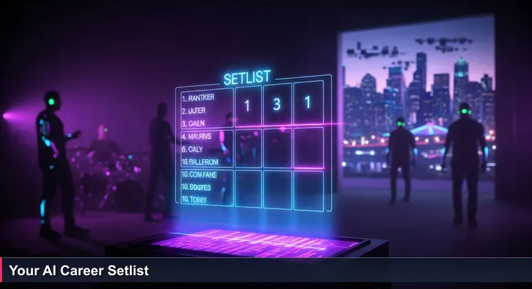 A close-up of a handwritten concert setlist for Bumbershoot 2026 at The Showbox in Seattle, showing 10 band names, with backstage preparations and the Seattle skyline in the background.