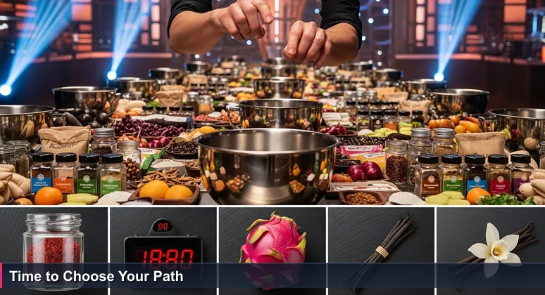 Close-up of hands paused over a crowded pantry of tech career symbols in Seattle, representing the overwhelming choice of pathways.